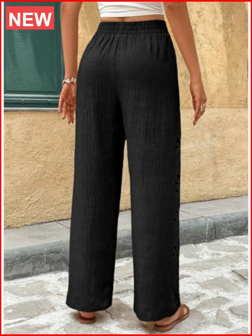 Boho Palazzo Pants Wide Leg Drawstring Elastic Waist Hollow Out Beach Vacation - Picture 4 of 6